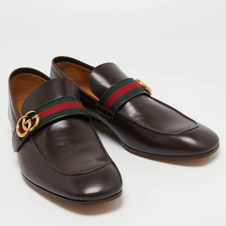 Gucci Brown Leather GG Marmont Web Loafers Size 46
