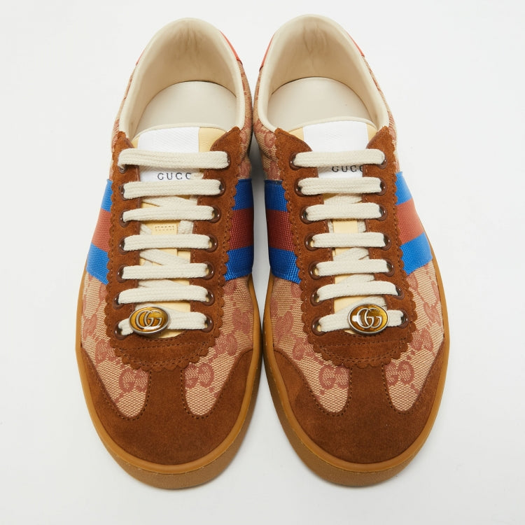 Gucci Brown/Beige GG Canvas and Suede Web G74 Sneakers Size 38.5