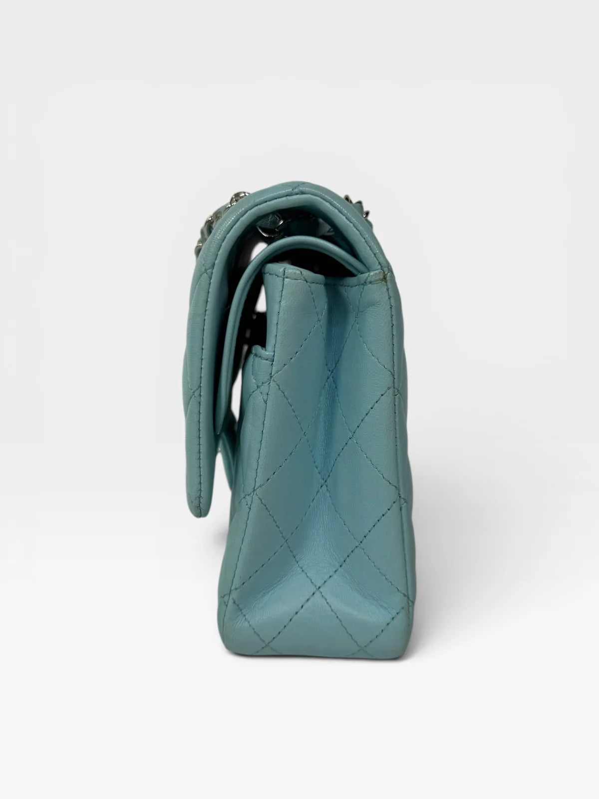 CHANEL MEDIUM DOUBLE CLASSIC FLAP LIGHT BLUE LAMBSKIN SILVER HARDWARE