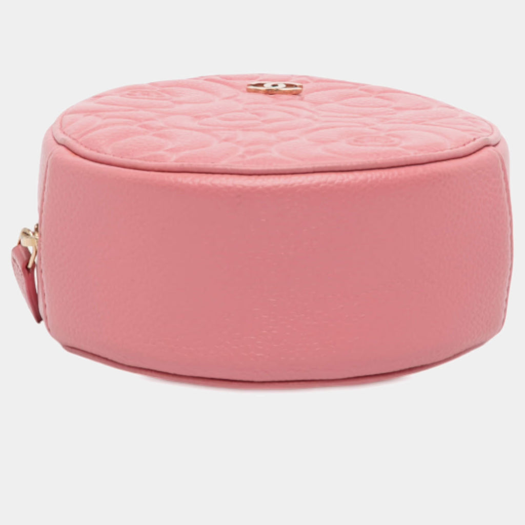 Chanel Pink CC Embossed Caviar Camellia Round Clutch With Chain