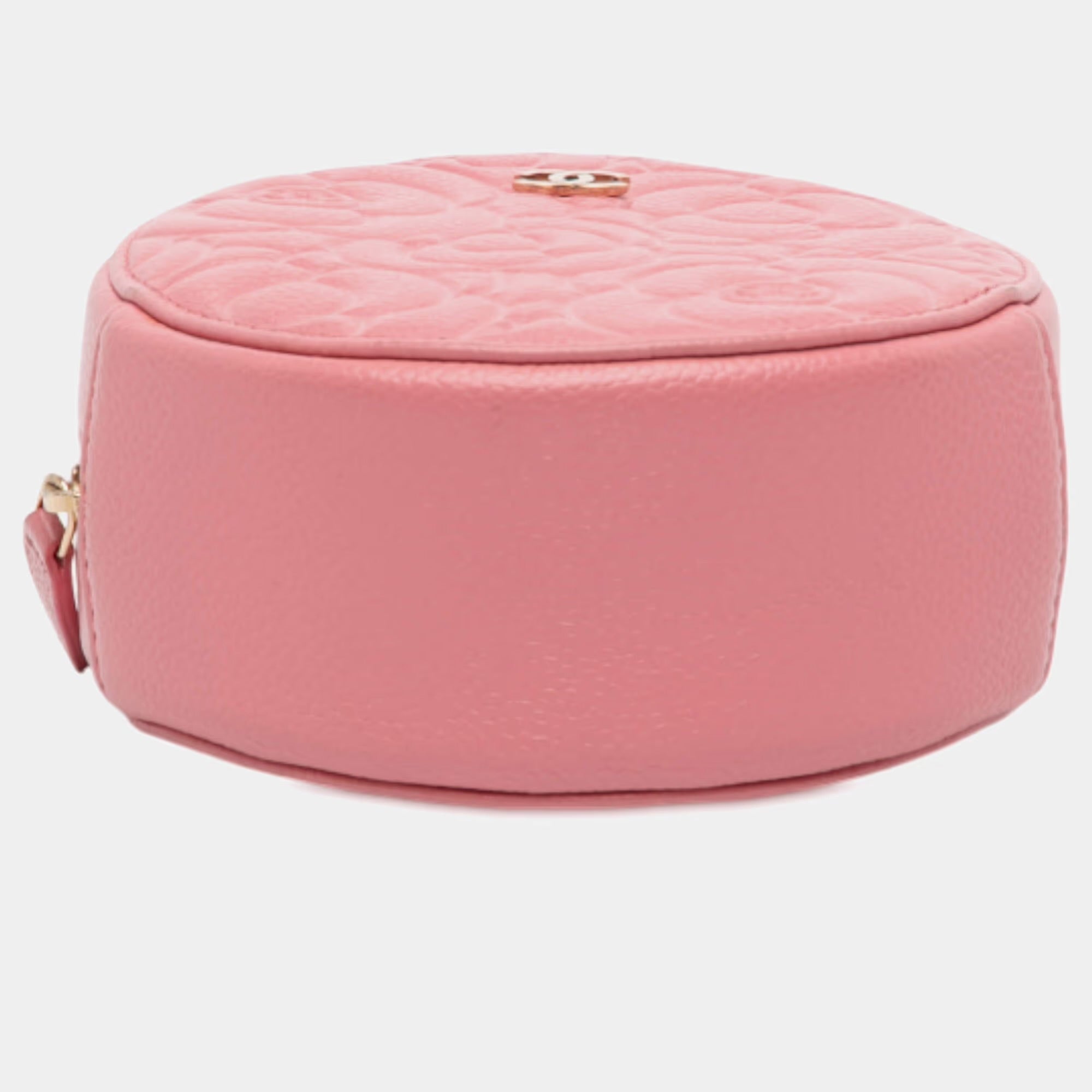 Chanel Pink CC Embossed Caviar Camellia Round Clutch With Chain