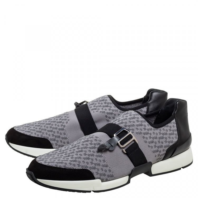 Hermes Grey/Black Knit Fabric And Leather Buckle Run Sneakers Size 43.5