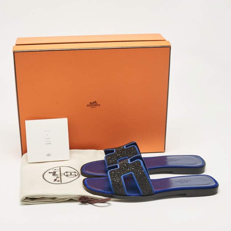 Hermes Blue/Black Suede Crystal Embellished Oran Flat Slides Size 36.5