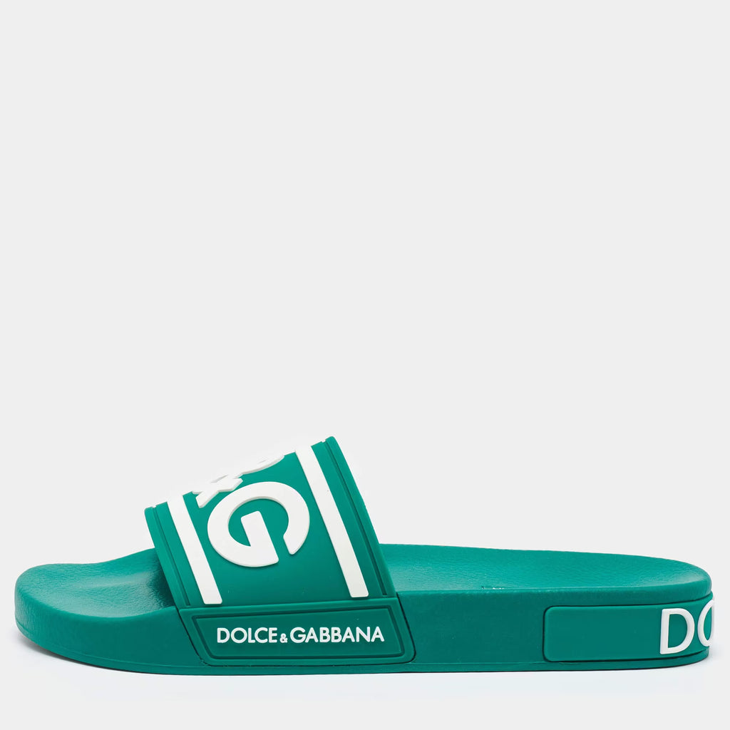 Dolce & Gabbana Dark Green Rubber Logo Flat Slides Size 41