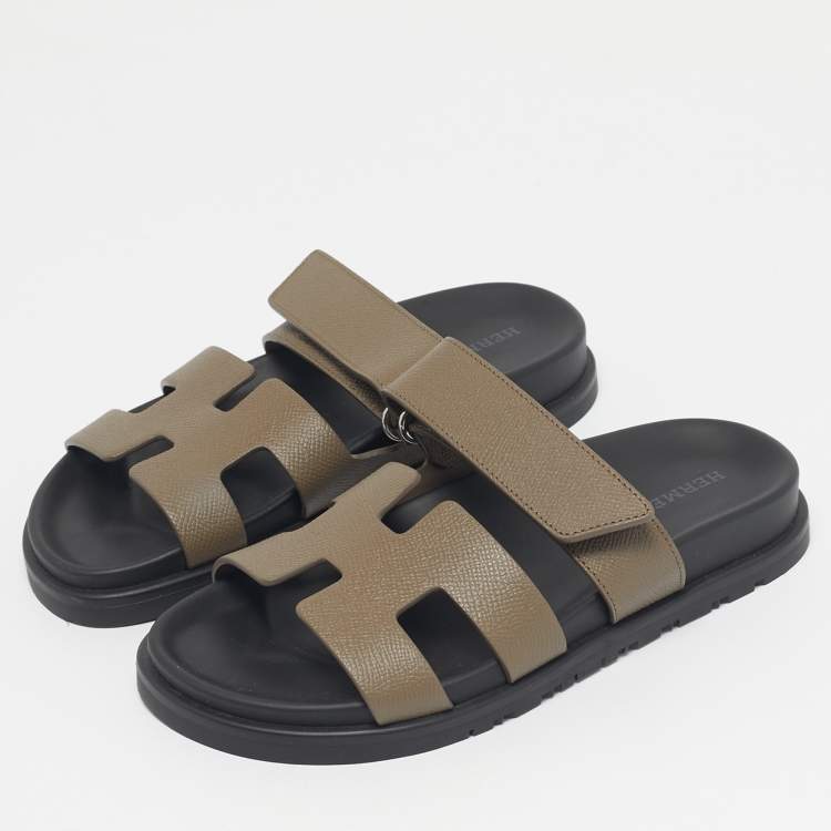 Hermes Green Leather Chypre Slide Sandals Size 34
