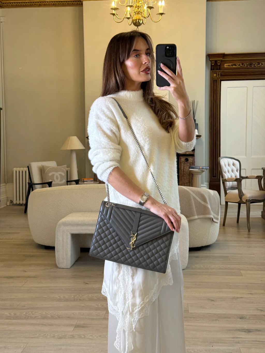 SAINT LAURENT LARGE GREY GRAINED LEATHER ENVELOPE SHOULDER BAG