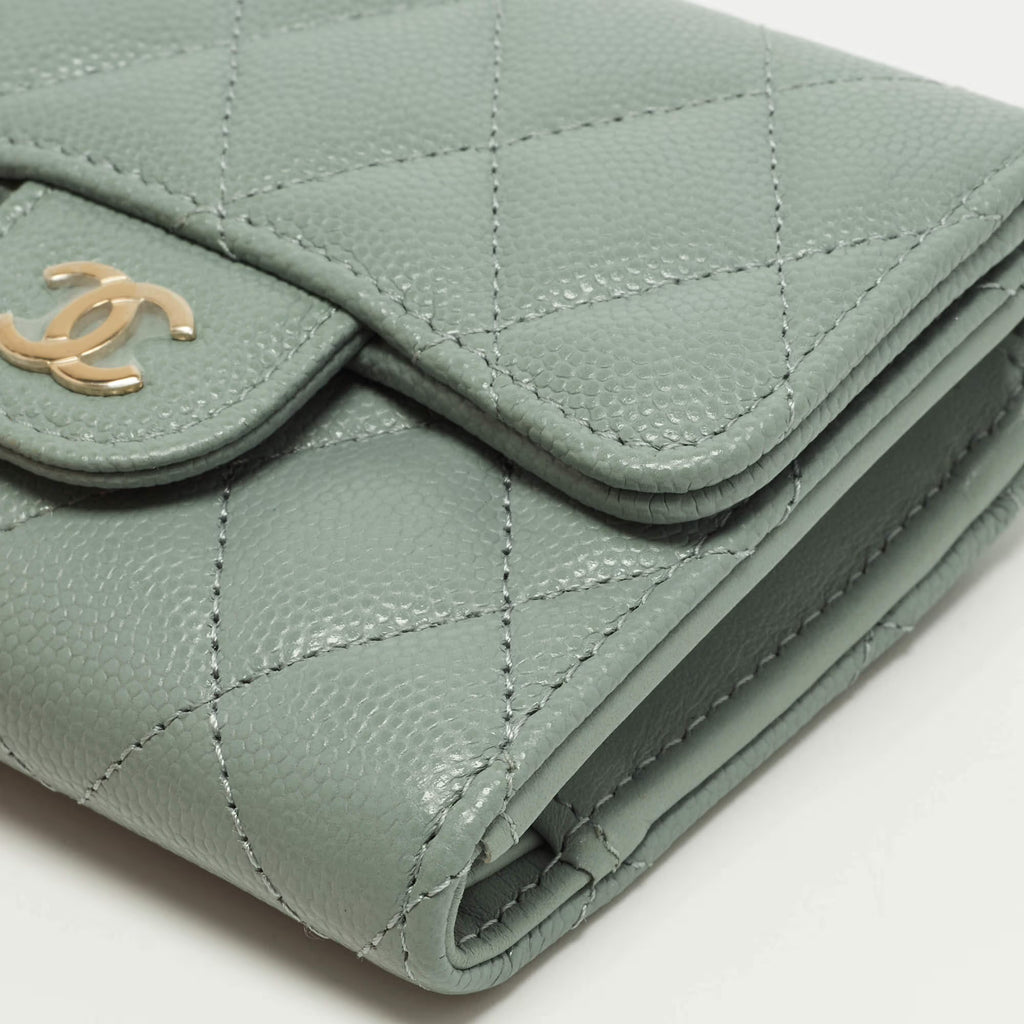 Chanel Classic Sage Green Quilted Caviar Leather Trifold Wallet