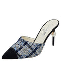 Chanel Black/Blue Tweed And Grosgrain Pointed Toe CC Pearl Embellished Heel Mule Sandals Size 37.5