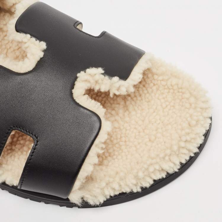Hermes Black Leather and Shearling Fur Lined Chypre Sandals Size 45.5