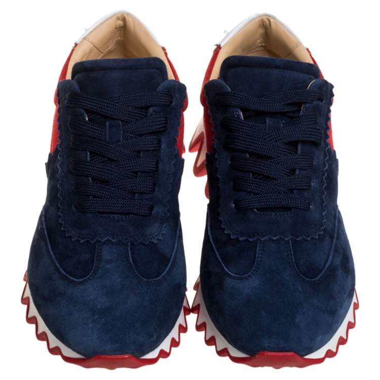 Christian Louboutin Blue/Red Suede And Leather Loubishark Low Top Sneakers Size 41