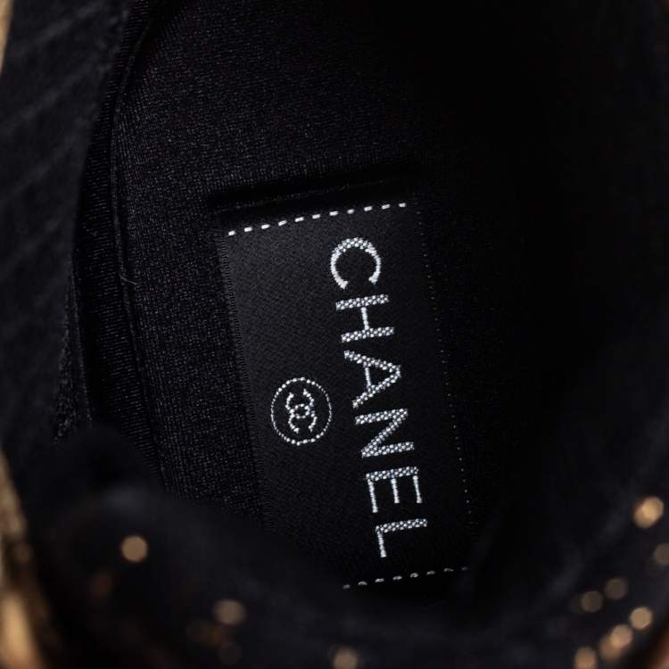 Chanel Black/Gold Tweed and Patent Leather CC High Top Sneakers Size 38