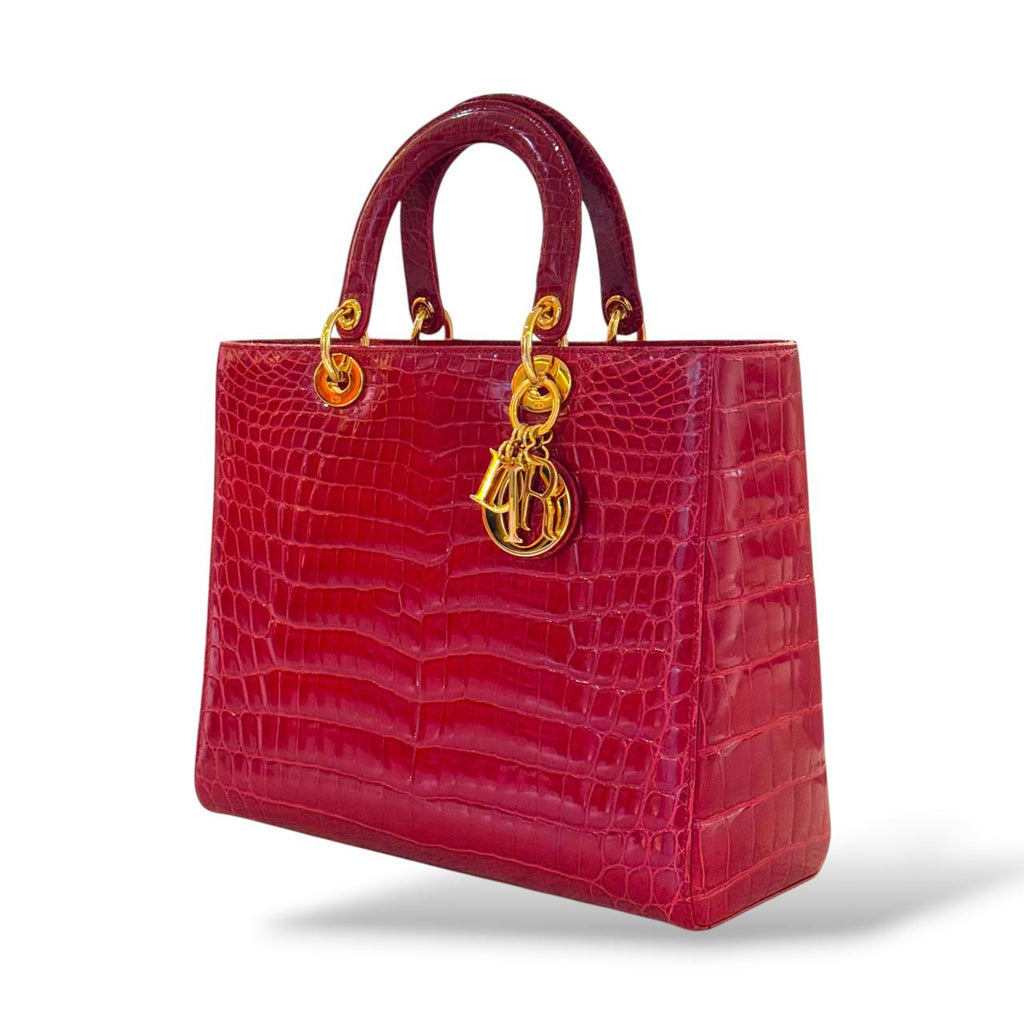 Christian Dior Red Shiny Crocodile Large Lady Dior Tote Bag