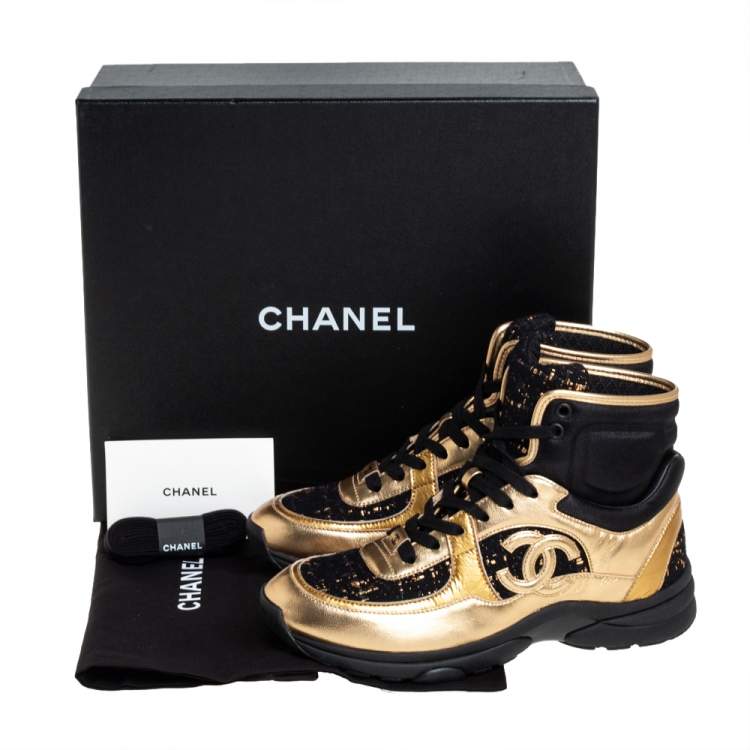 Chanel Black/Gold Tweed and Patent Leather CC High Top Sneakers Size 38
