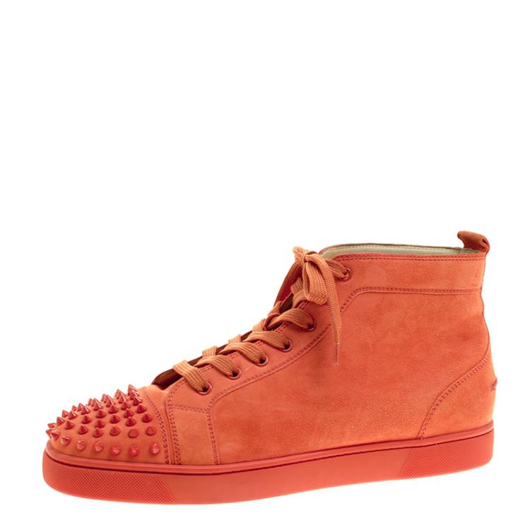 Christian Louboutin Orange Suede Lou Spikes High Top Sneakers Size 44.5