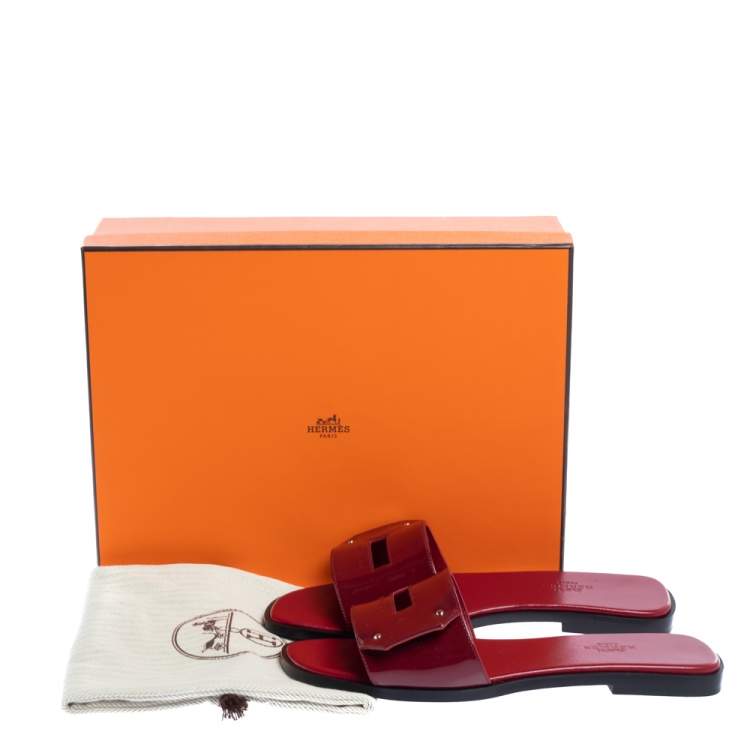 Hermes Red Patent Leather View Slide Sandals Size 37.5