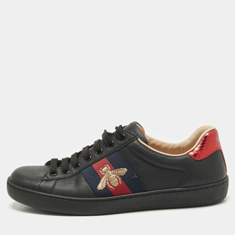 Gucci Black Leather and Snakeskin Embossed Leather Ace Lace Up Sneakers Size 38.5