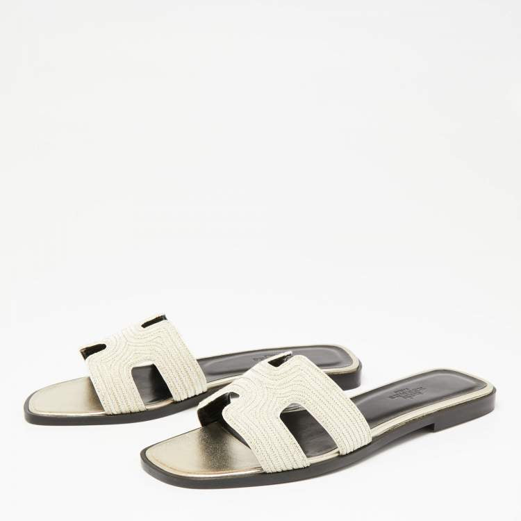 Hermes Beige Fabric Oran Dabka Embroidery Flat Slides Size 37