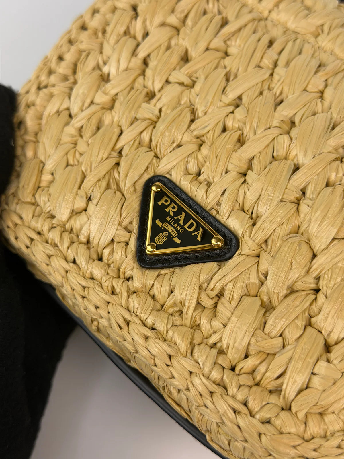 PRADA SMALL LOGO SHOULDER BAG IN NATURAL RAFFIA WITH GOLD HARDWARE