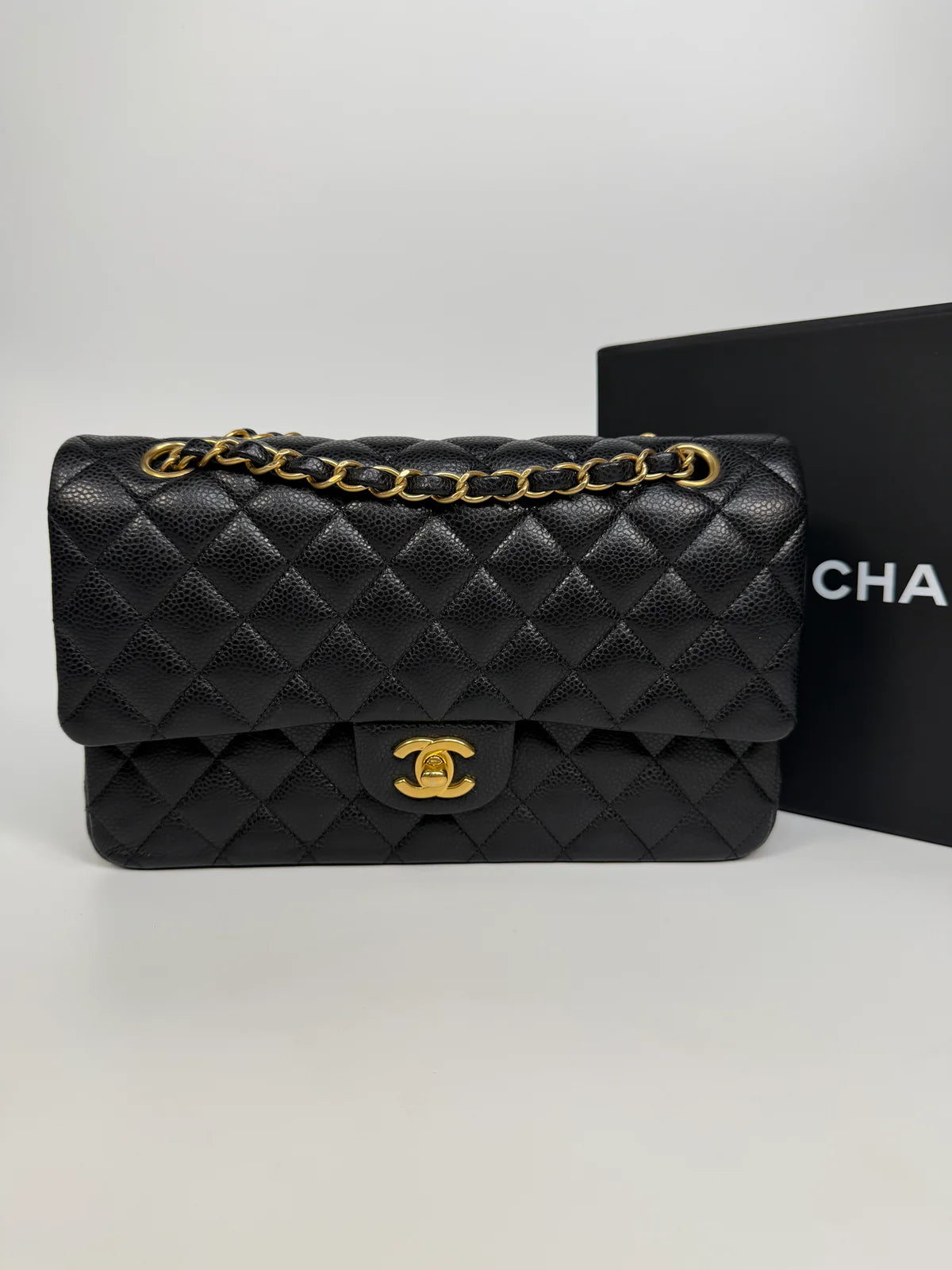 CHANEL MEDIUM CLASSIC DOUBLE FLAP BLACK CAVIAR LEATHER WITH GOLD HARDWARE