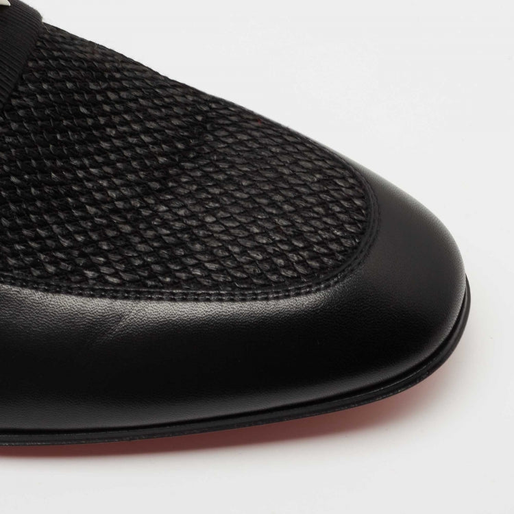 Christian Louboutin Black Leather and Raffia Panamax Spiked Loafers Size 43.5