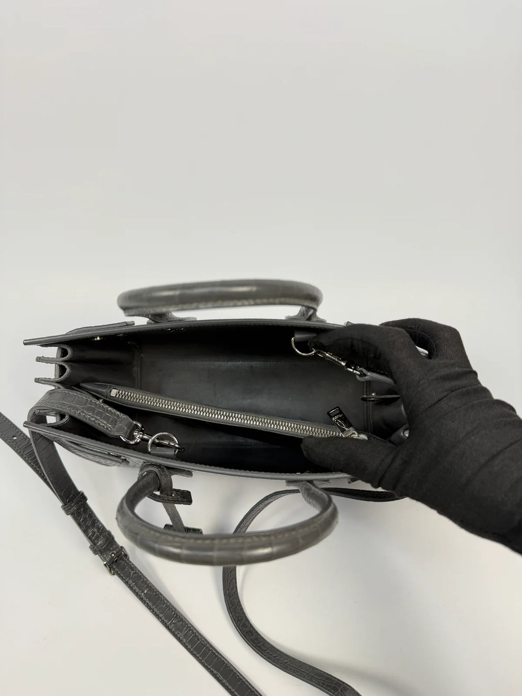 SAINT LAURENT SMALL SAC DE JOUR IN GREY CROC EMBOSSED LEATHER WITH SILVER HARDWARE