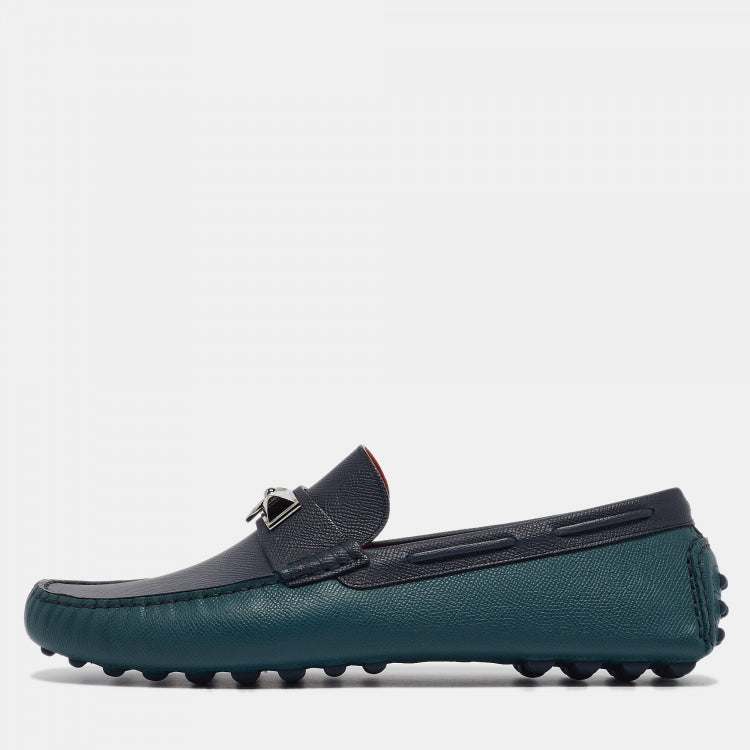 Hermès Green/Navy Blue Leather Irving Loafers Size 43.5