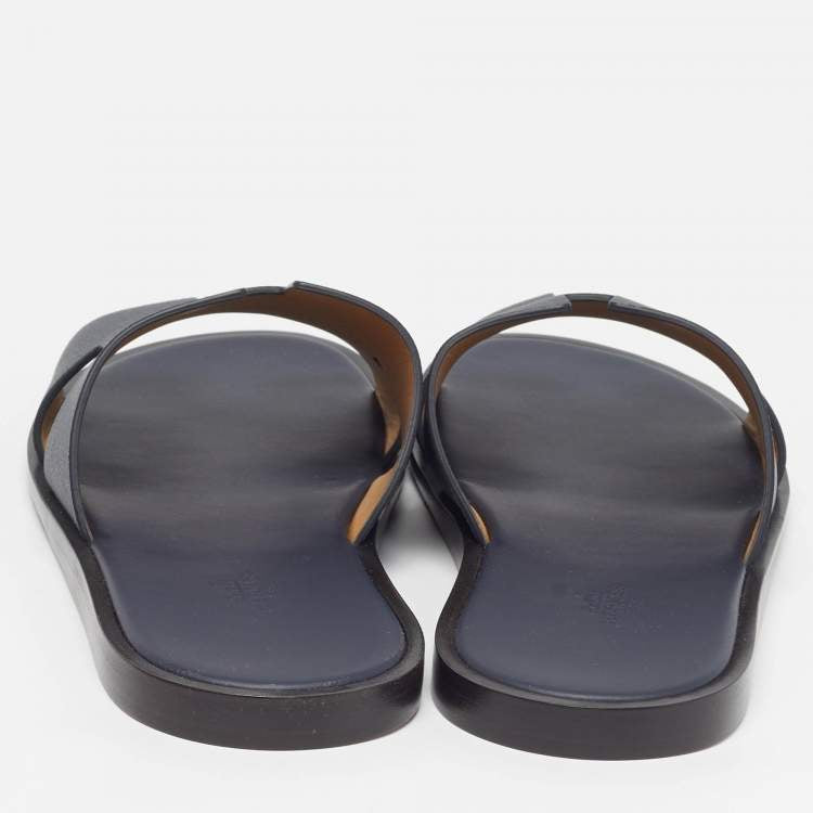 Hermès Izmir Size 43.5 Navy Blue Leather Flat Slides