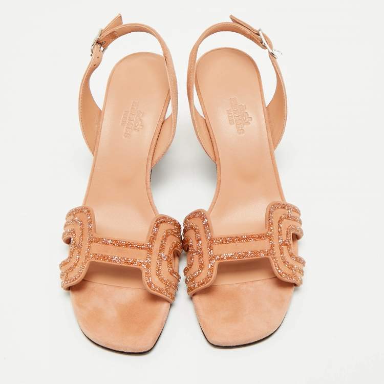 Hermes Peach Suede Crystal Embellished Eternite Sandals Size 36