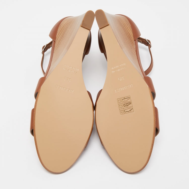 Hermes Brown Leather Legend Wedge Sandals Size 38.5