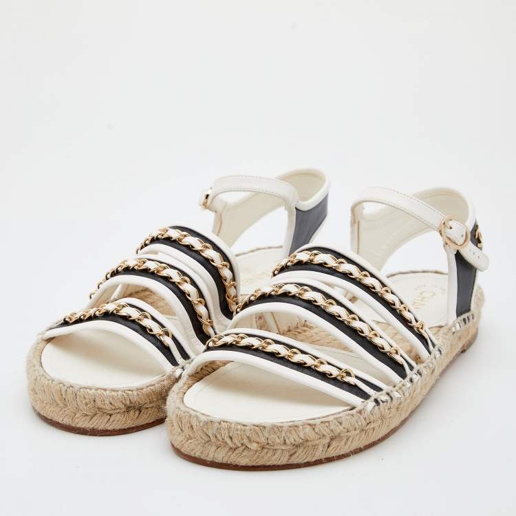 Chanel White/Black Leather Chain Embellished Ankle Strap Espadrille Flats Size 40