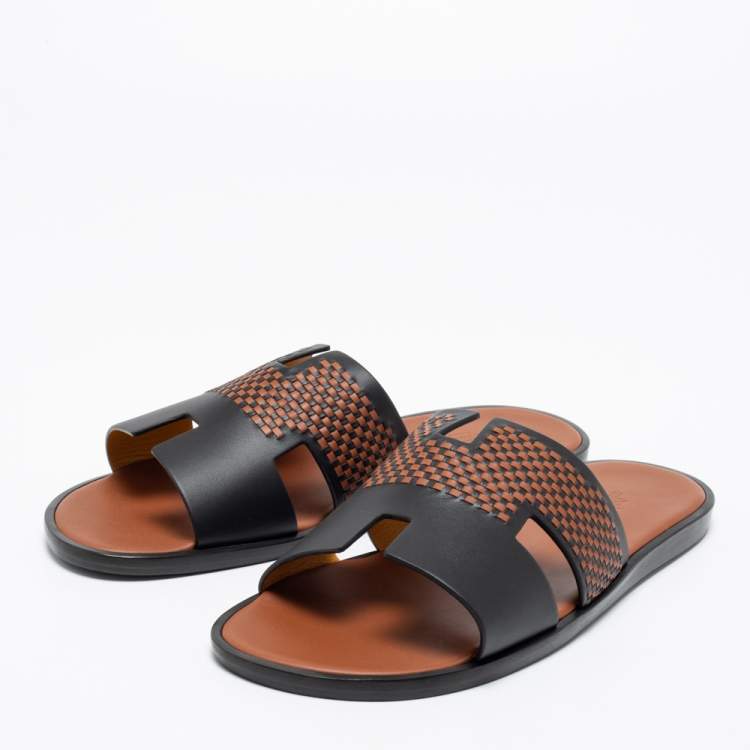 Hermes Black/Brown Leather Izmir Flat Sandals Size 44