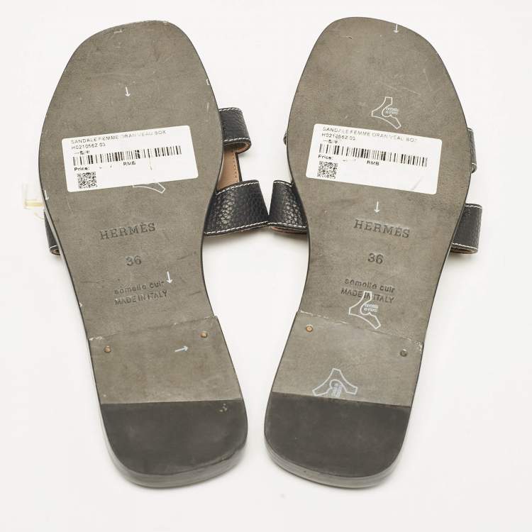 Hermes Black Leather Oran Flat Slide Sandals Size 36