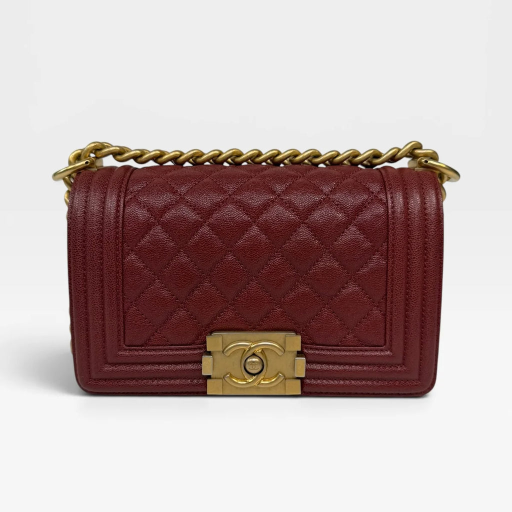 CHANEL SMALL LE BOY BAG IN BURGUNDY CAVIAR LEATHER WITH AGED GOLD HARDWARE