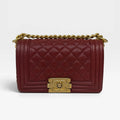 CHANEL SMALL LE BOY BAG IN BURGUNDY CAVIAR LEATHER WITH AGED GOLD HARDWARE