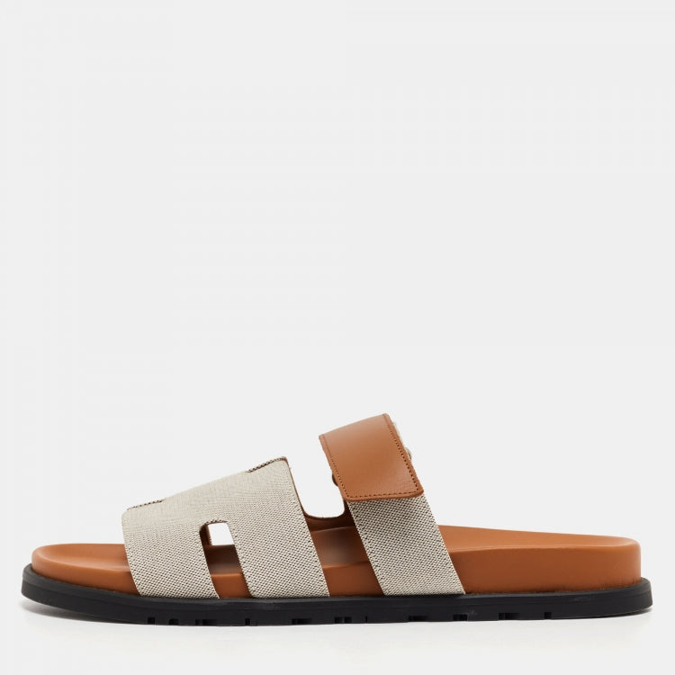 Hermes Beige/Brown Canvas and Leather Chypre Sandals Size 43