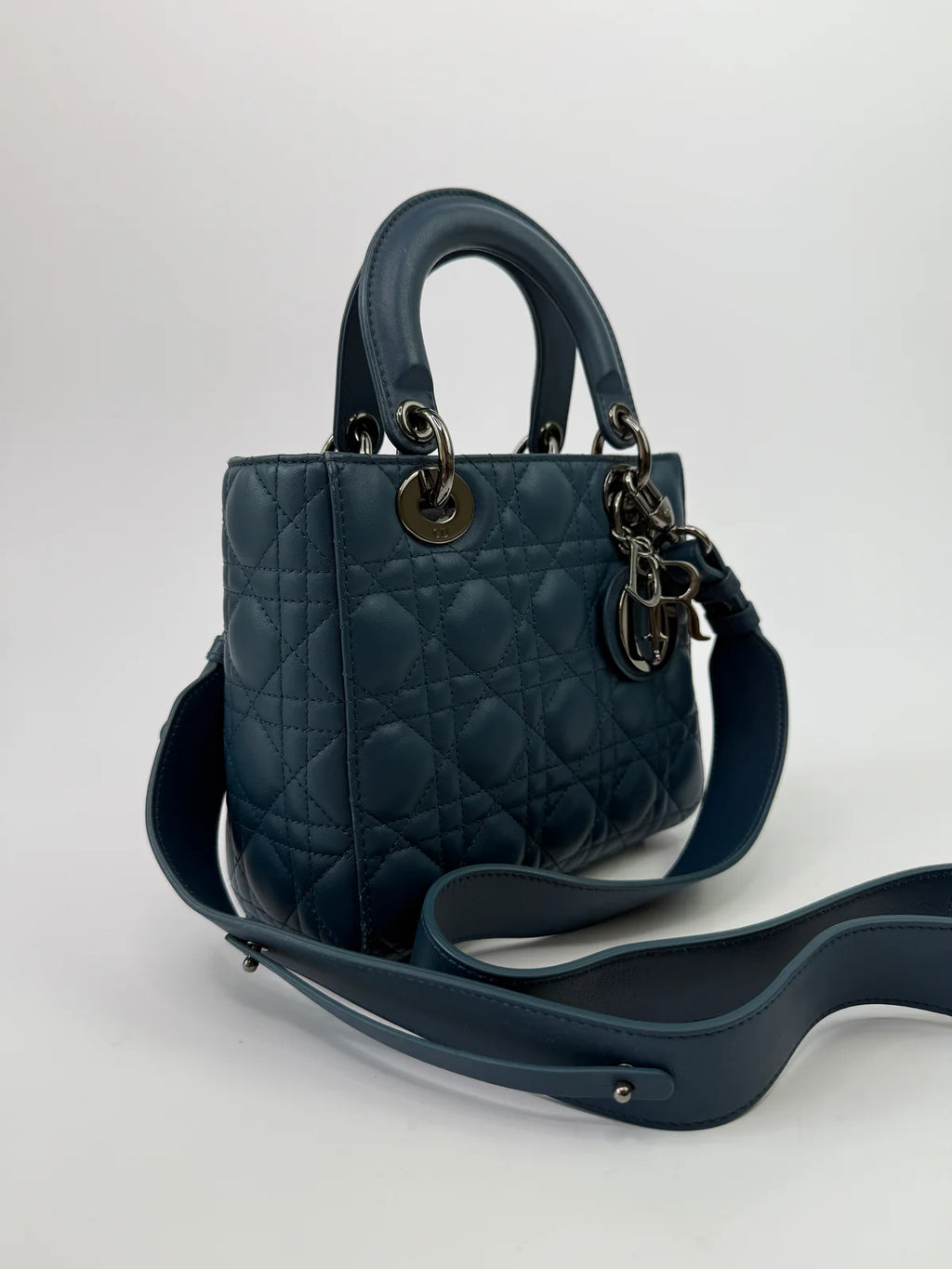 CHRISTIAN DIOR LADY DIOR SMALL BAG IN DENIM BLUE WITH SILVER HARDWARE
