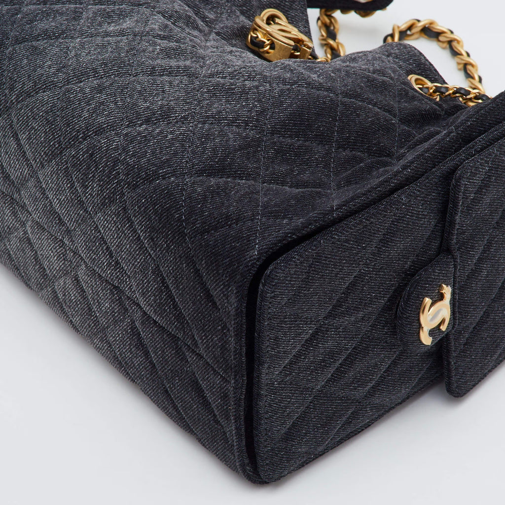 Chanel 25 Drawstring Black Quilted Denim Hobo