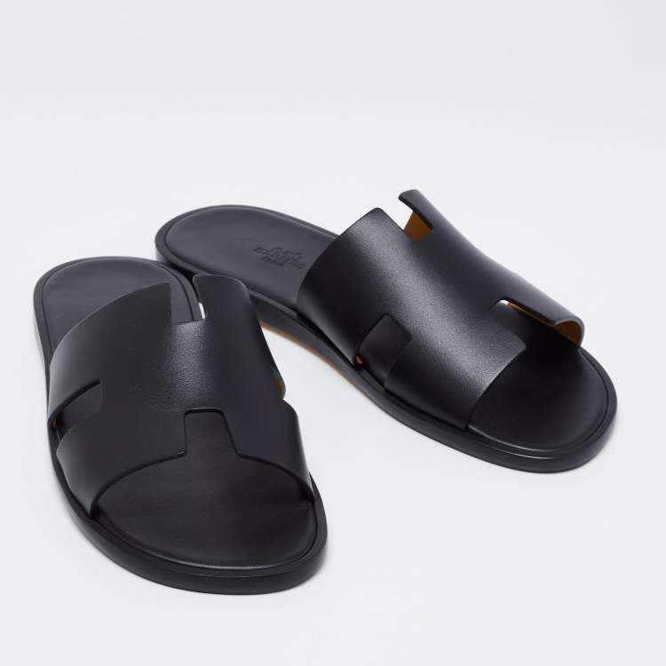 Hermes Black Leather Izmir Slide Sandals Size 40