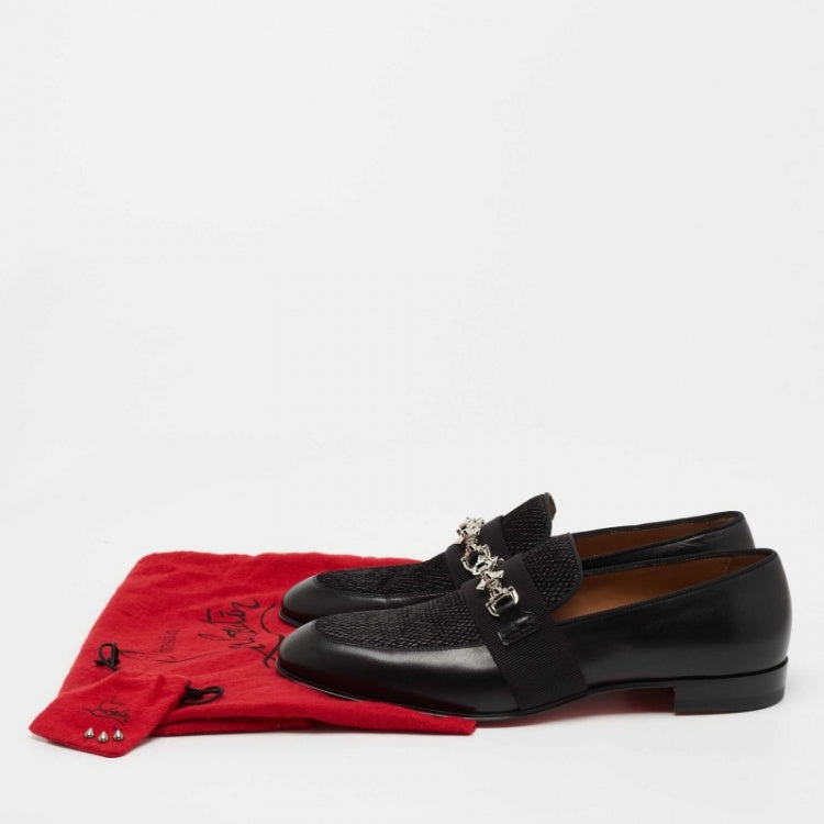 Christian Louboutin Black Leather and Raffia Panamax Spiked Loafers Size 43.5