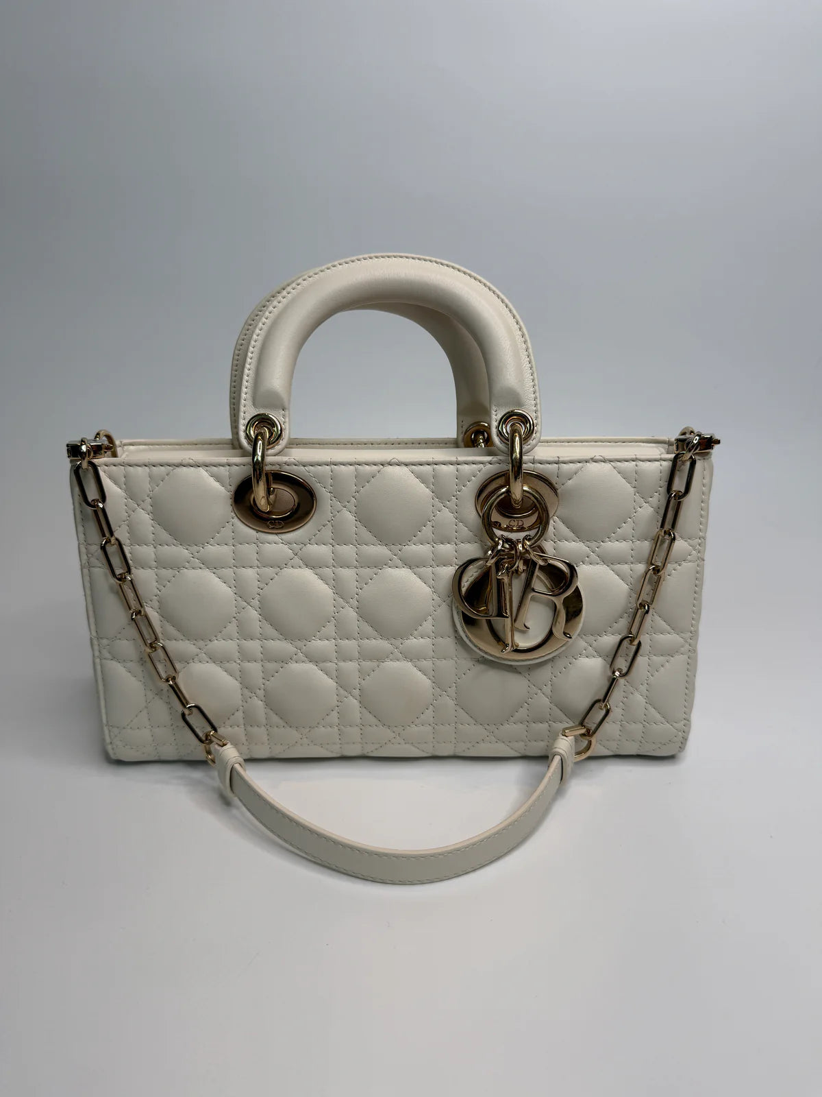 CHRISTIAN DIOR MEDIUM D-JOY BAG IN LATTE WITH PALE GOLD HARDWARE