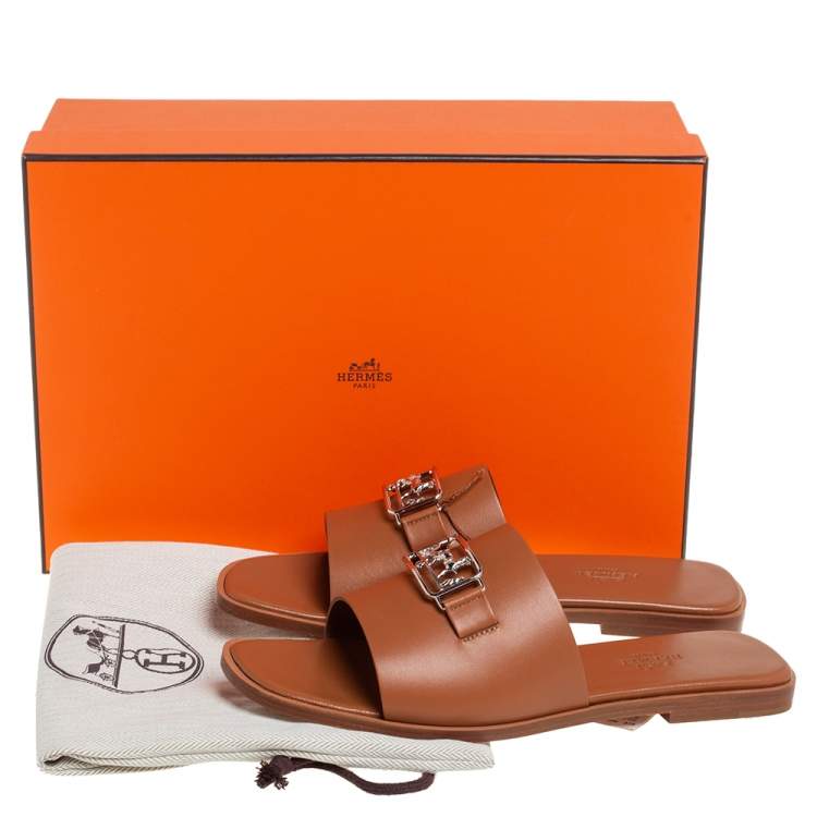 Hermes Brown Leather Villa Flat Slides Sandals Size 37.5