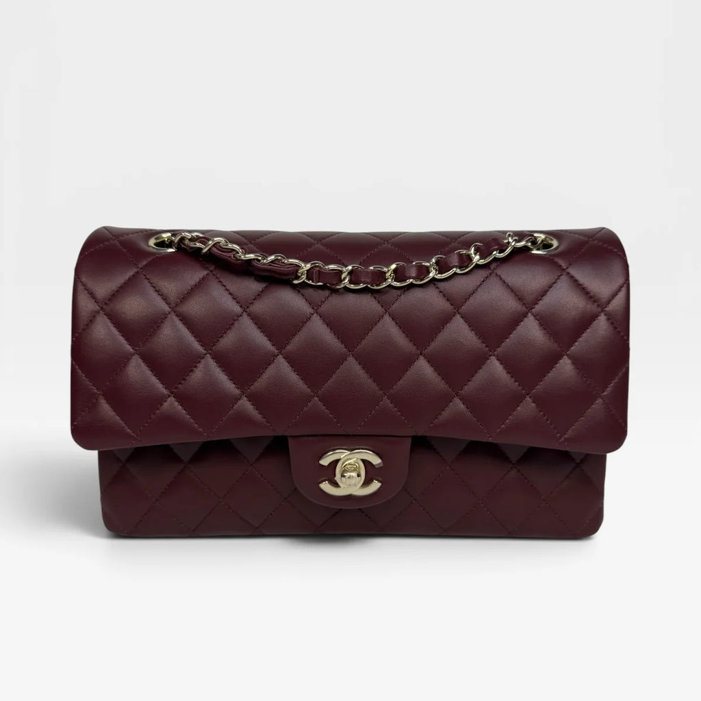 CHANEL MEDIUM CLASSIC DOUBLE FLAP BURGUNDY LAMBSKIN LEATHER WITH PALE GOLD HARDWARE