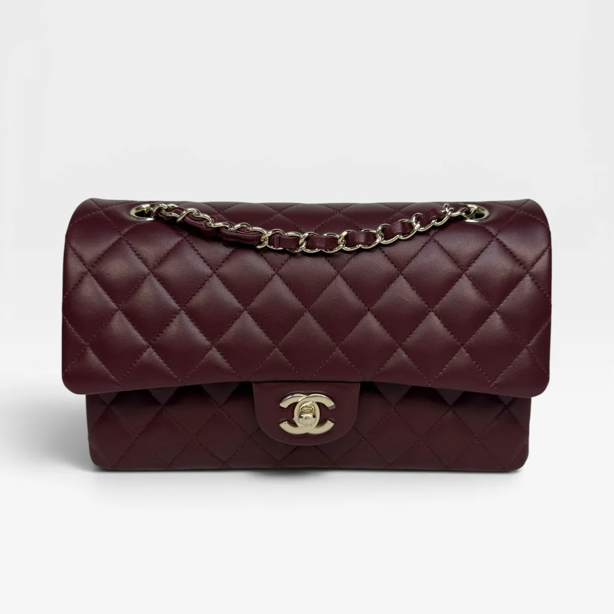 CHANEL MEDIUM CLASSIC DOUBLE FLAP BURGUNDY LAMBSKIN LEATHER WITH PALE GOLD HARDWARE