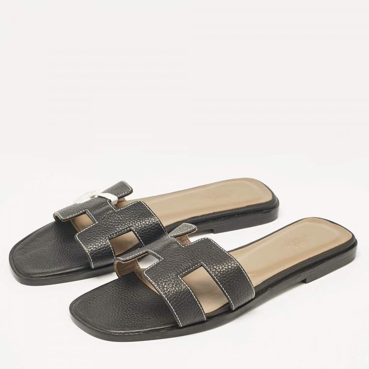 Hermes Black Leather Oran Flat Slide Sandals Size 36