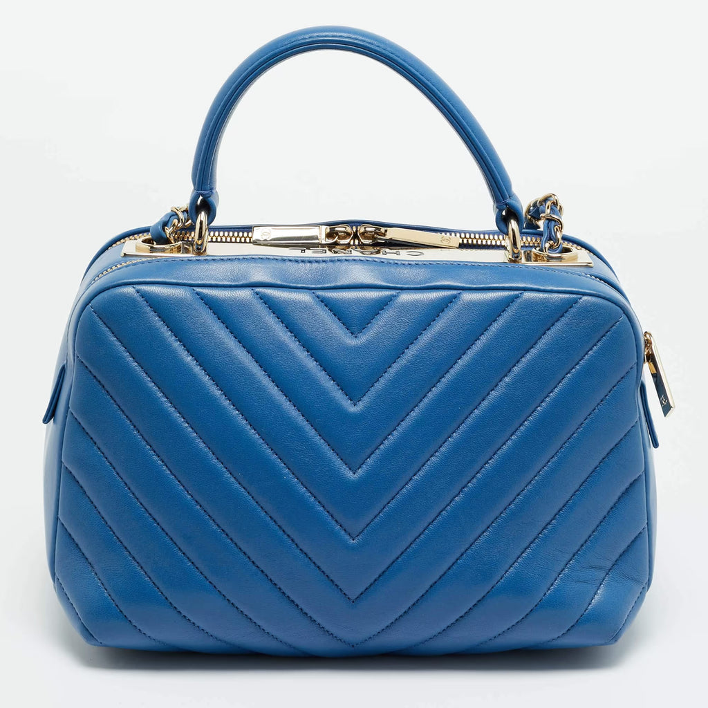 Chanel Trendy CC Medium Blue Chevron Leather Bowling Bag