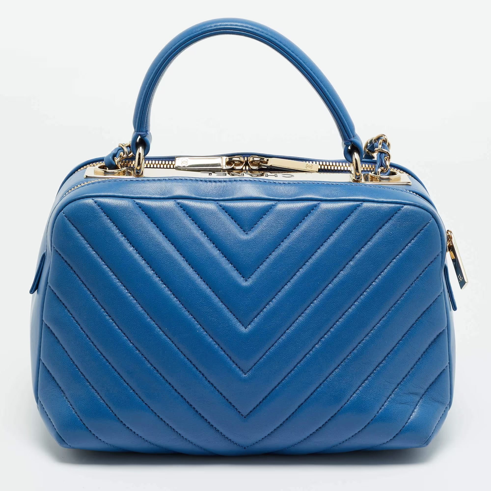 Chanel Trendy CC Medium Blue Chevron Leather Bowling Bag