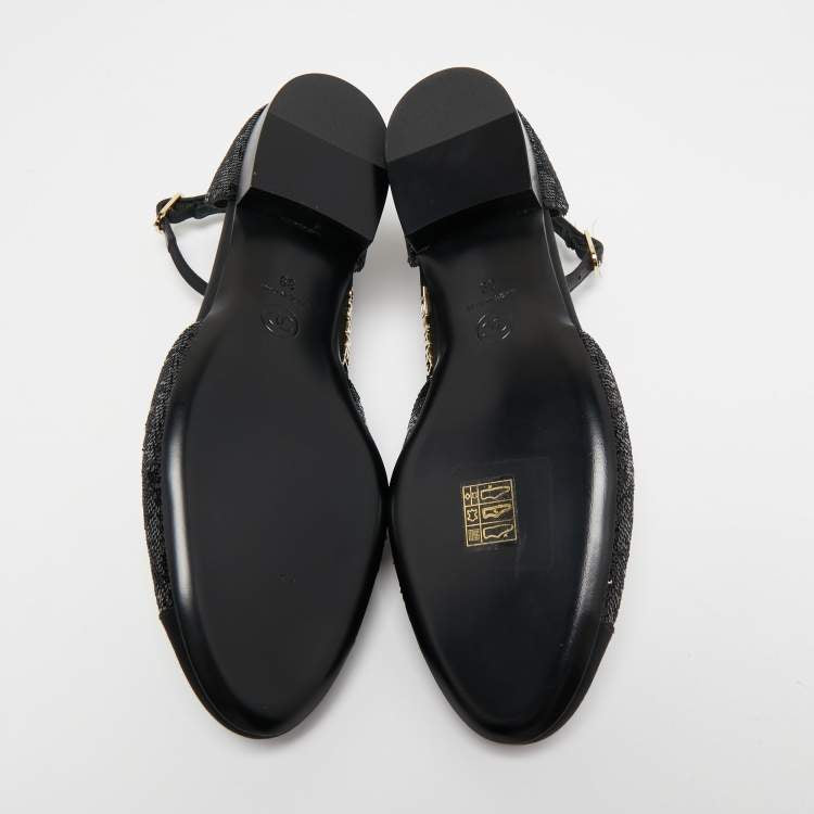 Chanel Black Sequins and Canvas CC Cap Toe Mary Jane Flats Size 39