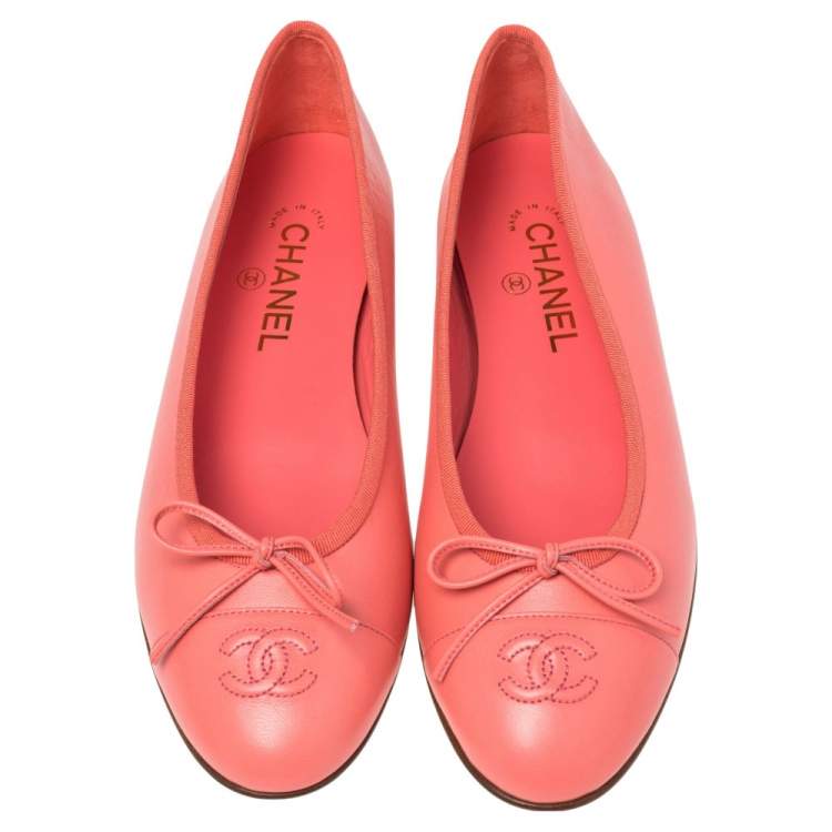 Chanel Coral Pink Leather CC Cap Toe Bow Ballet Flats Size 40