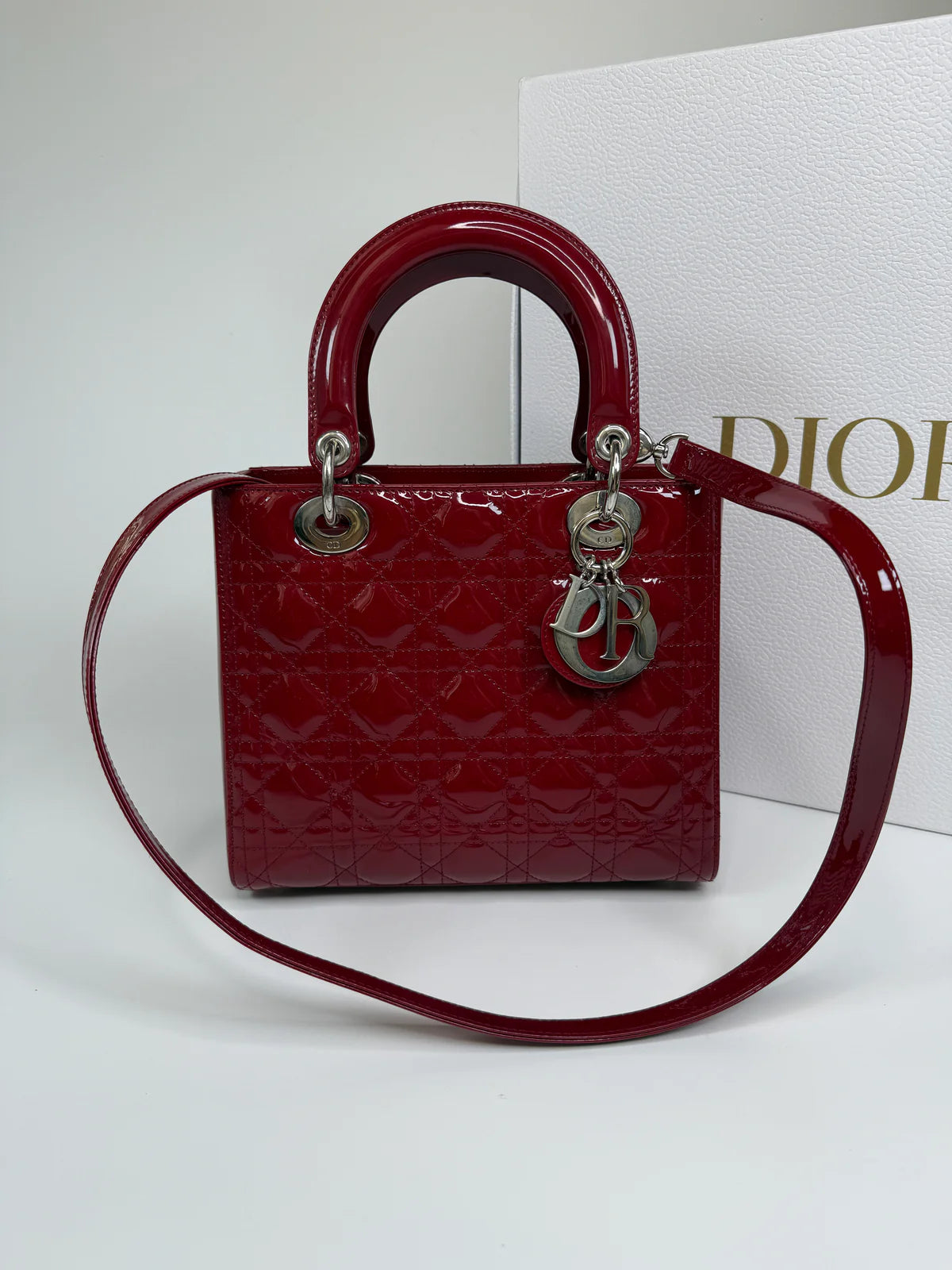 CHRISTIAN DIOR MEDIUM LADY DIOR IN PATENT RED LEATHER WITH SILVER HARDWARE