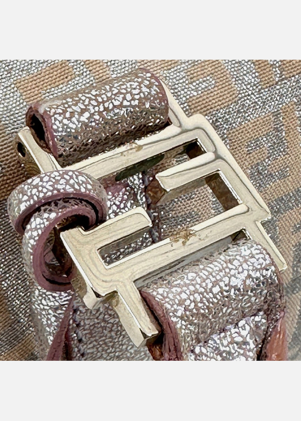 FENDI Mini Boston Bag Zucchino Canvas Leather Pink Beige Silver Purse